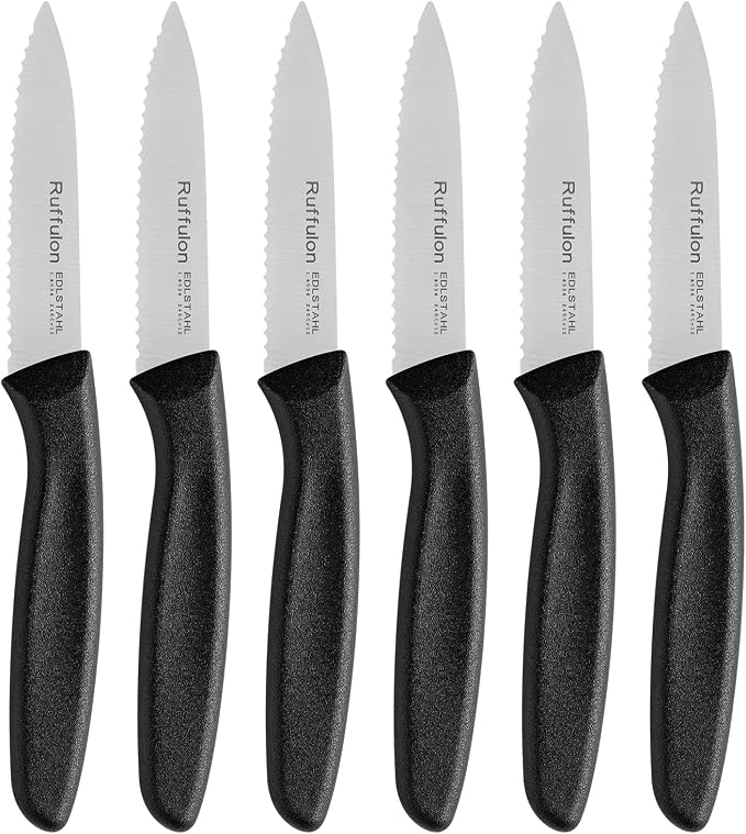 Stainless Steel Paring Knife With Serrated Blade, 6 Pieces Set Vegetable and Fruit Knife, Ultra Sharp Small Kitchen Knife, Black Paring Knifves with PP Plastic Ergonomic Handle.