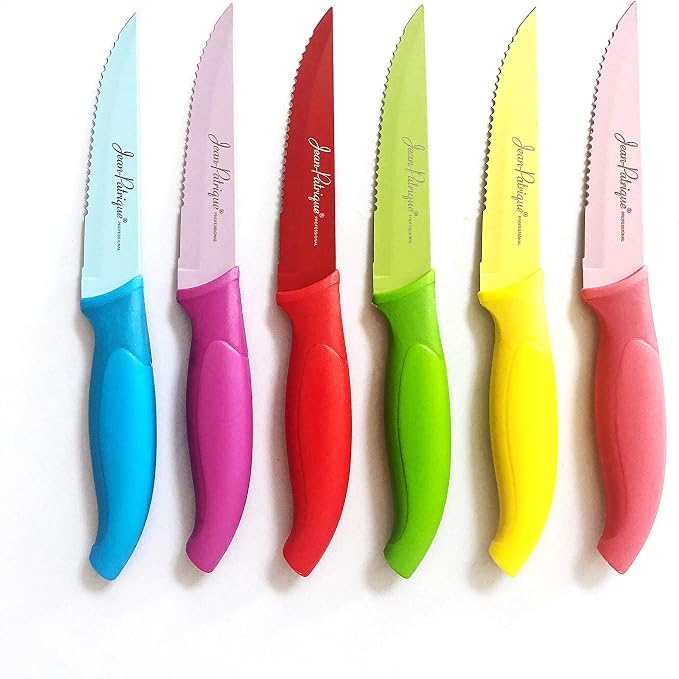 Jean-Patrique Non-Stick Steak Knife 6 Piece Set | Steel Blades Protector FREE Perspex Clear Knives Block