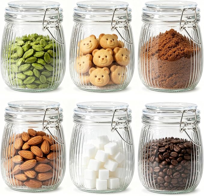 ComSaf Ribbed Glass Mason Jars with Airtight Lids 25 oz 6 Pack Coffee | Flour sugar coffee beans, Fermenting pickling, Farmhouse pantry decor, Kitchen storage, Dry food storage, Sourdough starter