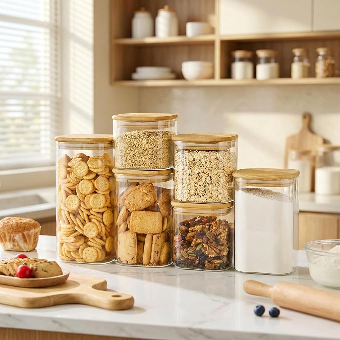 21 oz Square Glass Food Storage Containers with Airtight Bamboo Lids, 4Pack | Pantry Jars for Flour, Sugar, Pasta & Spices, Durable Borosilicate Glass Canister Keep Food Dry & Fresh, Easy to Fill & Clean