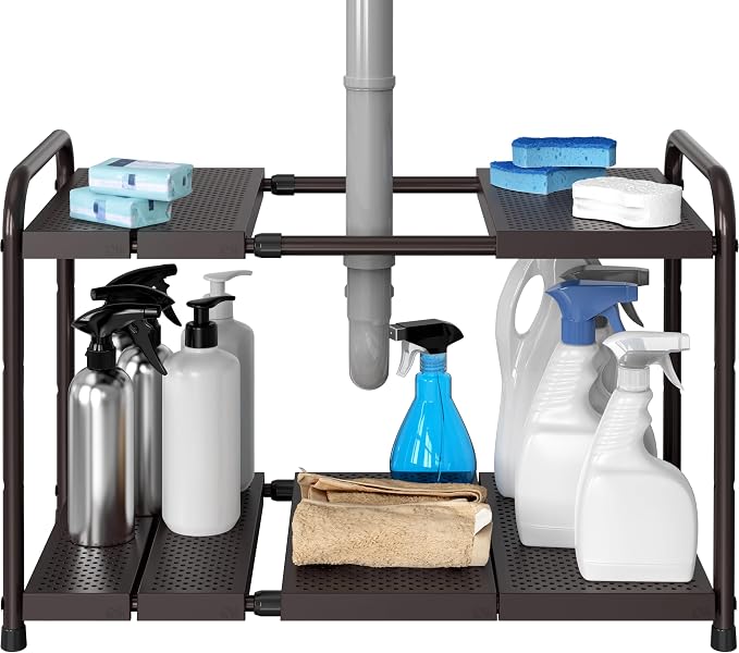 Simple Houseware Under Sink 2-Tier Heavy Duty Expandable Organizer, Bronze | Adjustable Width 15.75–25 Inches with 4 Shelf Height Levels