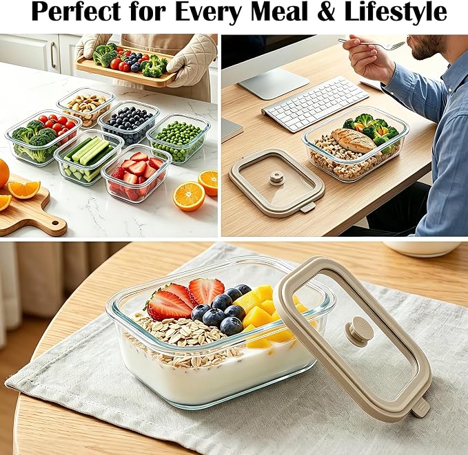 21 oz Glass Meal Prep Containers with Glass Lids, 6 Pack | Airtight Glass Glass Food Storage Containers, Non Toxic Glass Lunch Containers for Leftovers, Microwave, Oven, Freezer