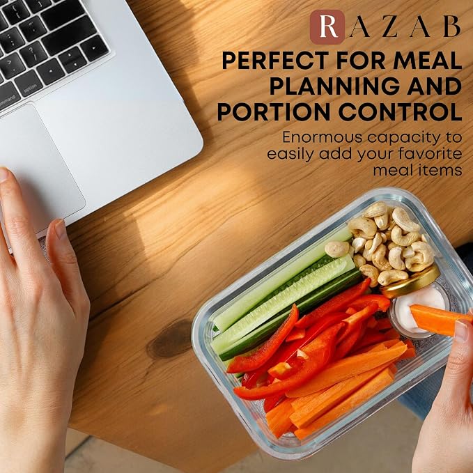 Razab 30 PC Glass Food Storage Containers with Lids - Reusable Glass Meal Prep Containers for Lunch and Leftovers - Airtight & Leakproof Snap Locking Lids - Oven, Freezer, Microwave & Dishwasher Safe