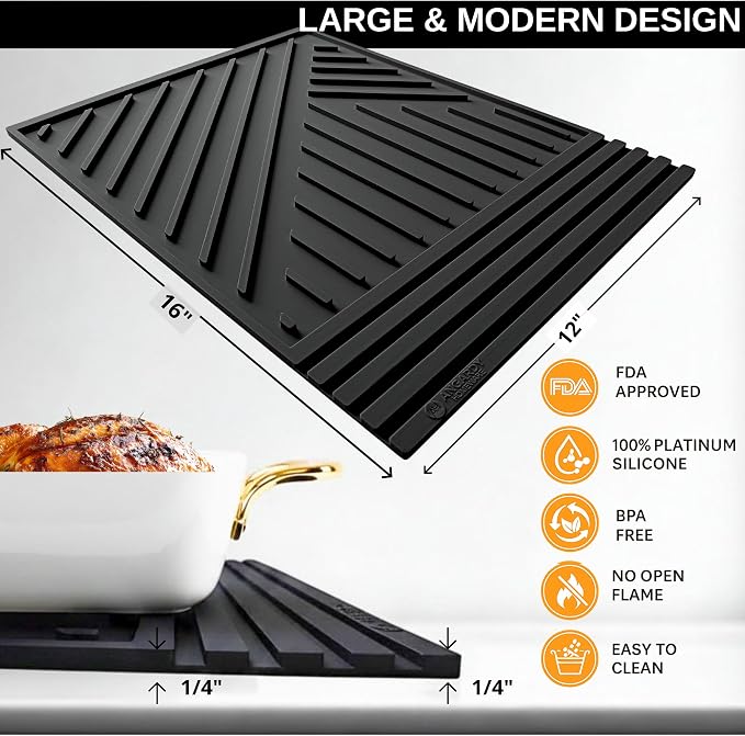 Large Silicone hot Pads for kitchen16x12In Trivet with Thick and Modern Design, Heat Resistant, Mat for Hot Dishes - Black