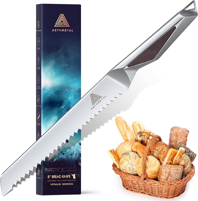 Resharpenable 8-Inch Bread Knife – Multifunction Serrated Knife with Wavy Edge, High-Carbon German Stainless Steel & Full Tang for Efficient Homemade Bread Slicing