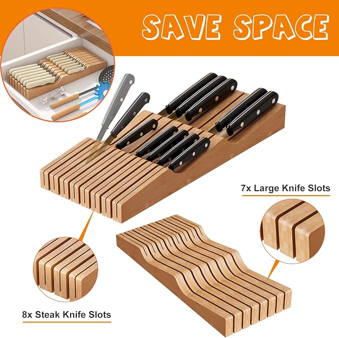 In-Drawer Knife Block Organizer - Bamboo Wood Drawer Knife Organizer-Protecting Knife Organizer Block (Not Included) (Natural, 15 Knives Dock)