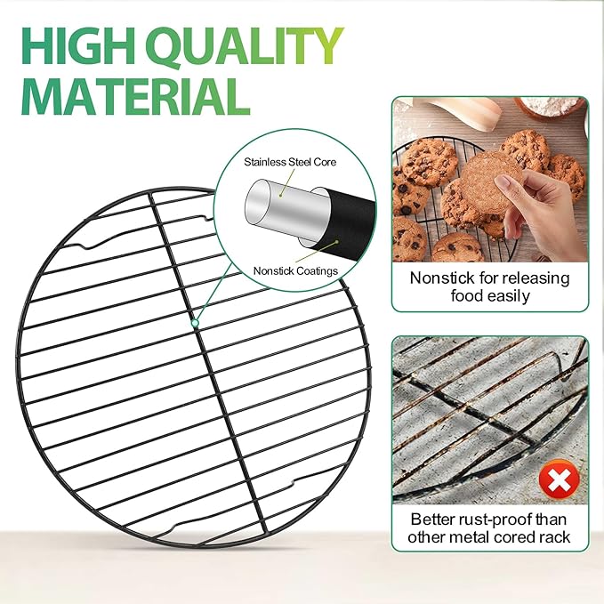 P&P CHEF 9 Inch Cooking Rack Round for Steaming Cooling, Black, 2 Pack | Stainless Steel Round Wire Rack for Baking Grilling, Roasting, Fits Air Fryer, Steamer Pot, Oven & Dishwasher Safe