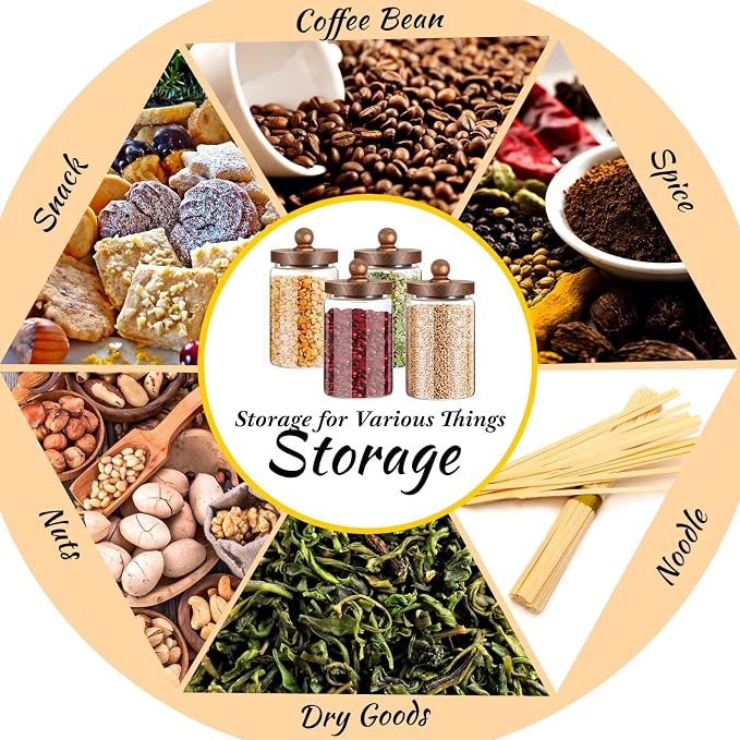 Gerrii 4 Pcs 32 oz Glass Food Storage Jar with Acacia Wood Lids Airtight Sealed Clear Glass Canisters Air Tight Glass Container Jar for Coffee Beans Nuts Loose Leaf Tea Sugar Spice Candy Rice Pasta