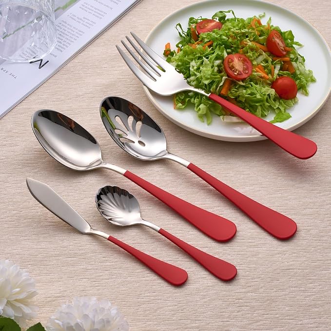 10 Pieces Red Serving Set, 18/0 Stainless Steel Hostess Set, Slotted Serving Spoon, Salad Spoon/Fork, Butter Knife, Two Color Combinations Set, Dishwasher Safe