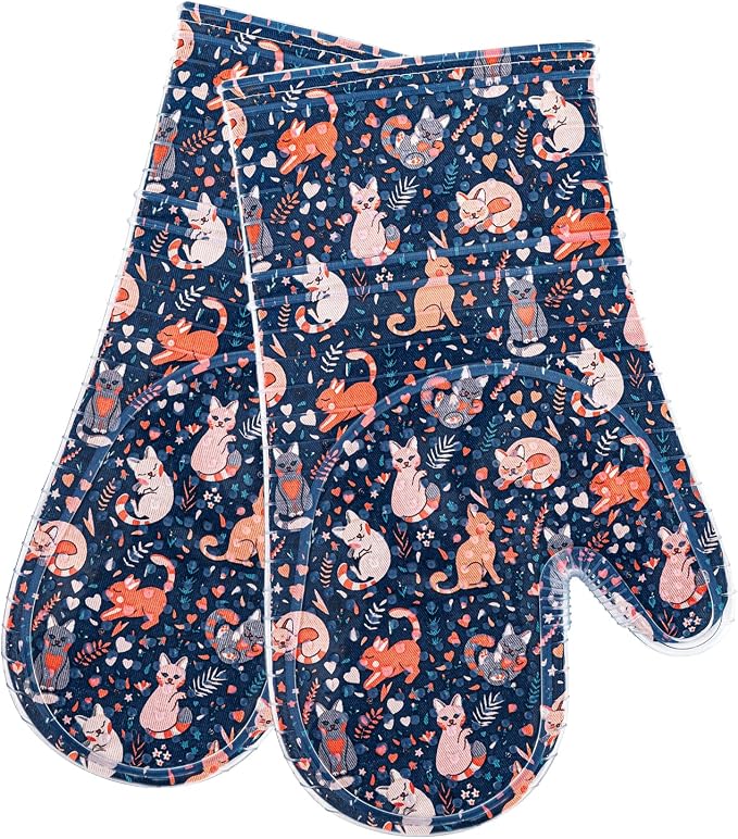 Oven Mitts Set of 2 with Transparent Clear Silicone Shell and Nice cat Printing Cotton Lining, Heat Resistant to 500 F Kitchen Oven Gloves Pot Holder for Cooking (Navy, Cat, Oven Mitts)