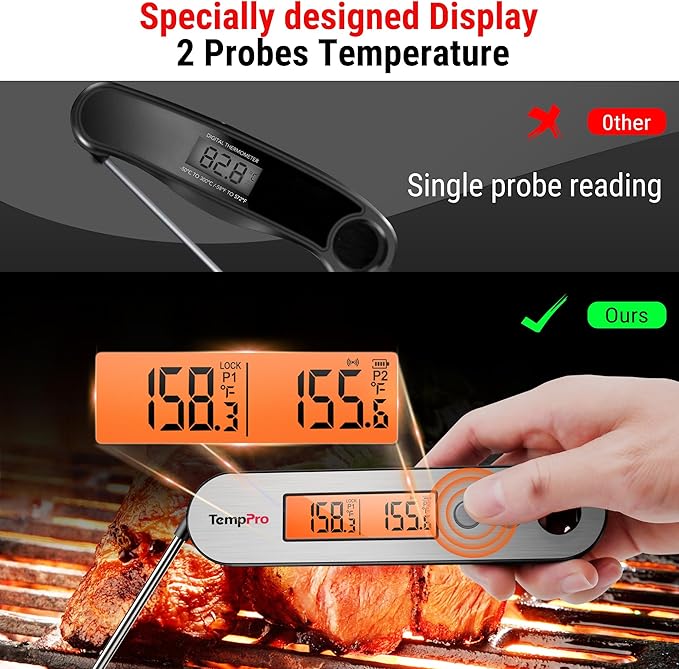 TempPro TP610 Rechargeable Instant Read Meat Thermometer with Foldable Probe & Wired Leave-In Probe, Waterproof Cooking Thermometer with Alarm & Backlit for BBQ Grill Smoker Oven(Previously ThermoPro)