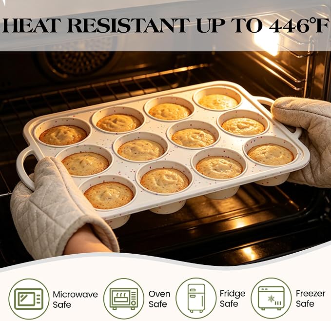 Silicone Muffin Pan with Metal Frame, Nonstick 12 Cup Regular Size Cupcake Pan, Silicone Muffin Tray for Baking Egg Bites Muffins Cupcakes Gifts for Mom Home Baker Kitchen (1 Pc, Cream)