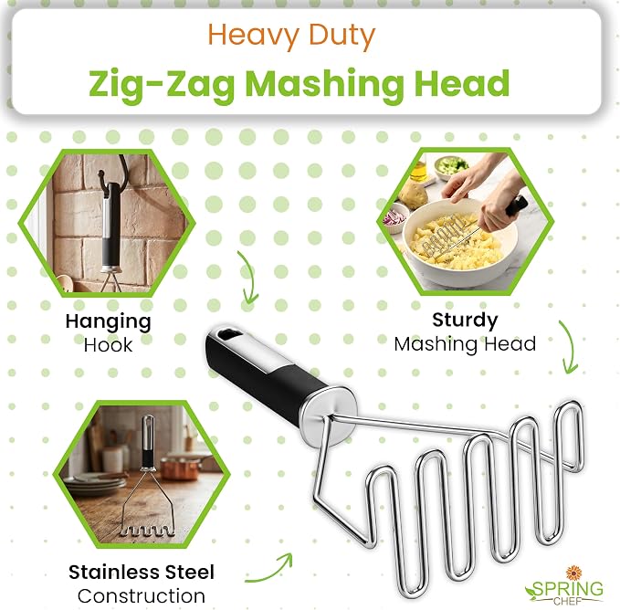 Spring Chef Potato Masher Stainless Steel - Heavy Duty Mashed Potato Masher Kitchen Tool - Fruit & Food Smasher For Avocado, Banana, Eggs - Bean Smasher Tool - Durable Metal Mashing Utensil
