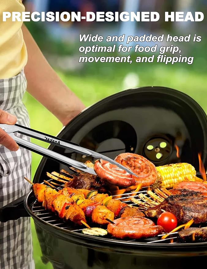 Anaeat Premium Stainless Steel Kitchen Tong, 12" Sturdy Coiled Spring Locking Food Tong with Non-Slip Silicone Grip for Cooking, Baking, Grilling, BBQ - Heat Resistant up to 480°F (Black)