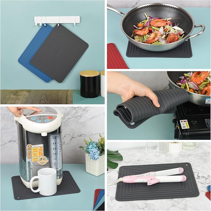 Trivets for Hot Dishes, Silicone Trivet Hot Pads for Kitchen, Trivet for Pots and Pans, Big Silicone Pot Holders Mat, Trivets for Quartz Countertops, Heat Resistant Mats Set 2 Dark Gray