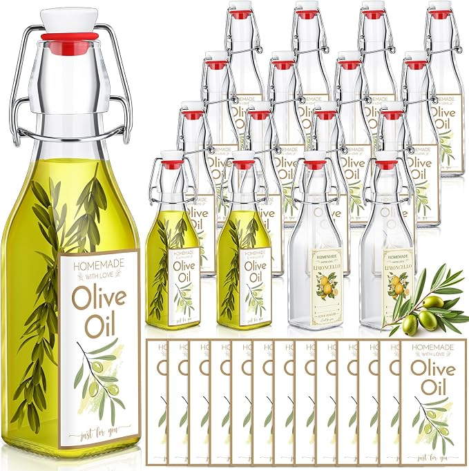 Havawish 16 Pcs 8 oz Mini Olive Oil Bottles Homemade Swing Top Clear Flip Top Bottles with Airtight Lids Labels for Storing Homemade Olive Oil Wedding Baby Shower Favors(Square)