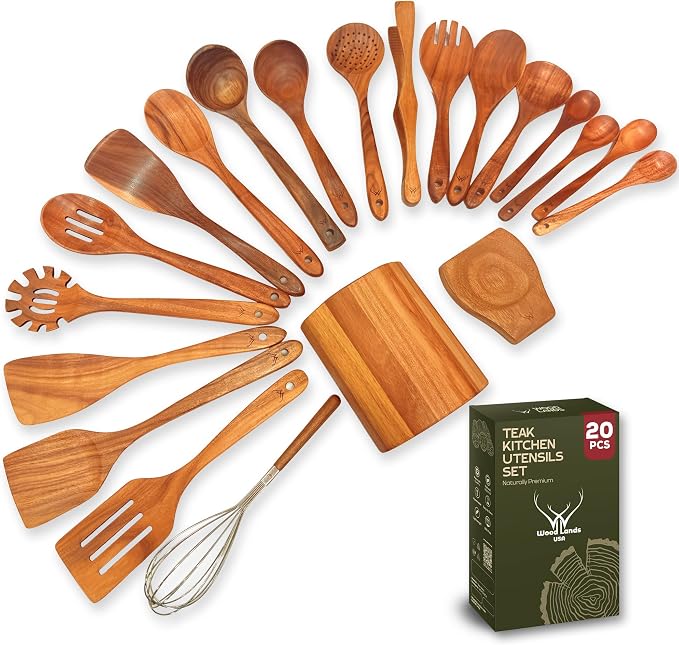20 Pcs Teak Wooden Utensil Set – Premium Cooking Utensils Set, Natural Wooden Spoons for Cooking - Sturdy Kitchen Utensils & Cooking Spoons for Every Chef