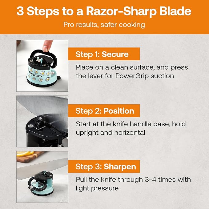 AnySharp – Editions – Hands Free Knife Sharpener - Easy to Use Sharpening Tool with PowerGrip Suction Base and 20-Degree Pre-Set Angle - for All Knives: Chef's, Serrated, and Hardened Steel - Daisy