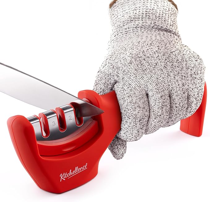 4-in-1 Kitchen Knife Accessories: 3-Stage Knife Sharpener Helps Repair, Restore and Polish Blades and Cut-Resistant Glove
