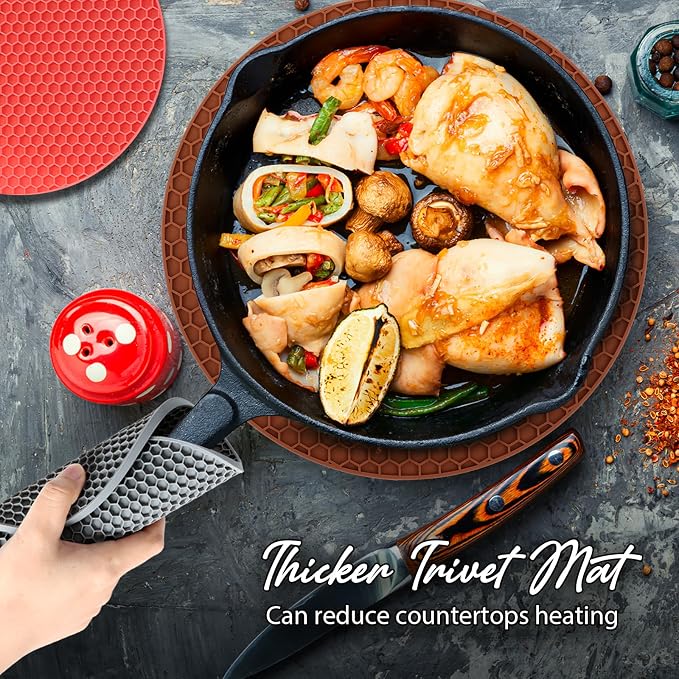 4 Pack Silicone Trivet for Hot Dishes | Heat Resistant Silicone Pot Holders for Kitchen Countertops, Hot Dishes, Jar Opener, Spoon Holder, Easy to Wash, Brown