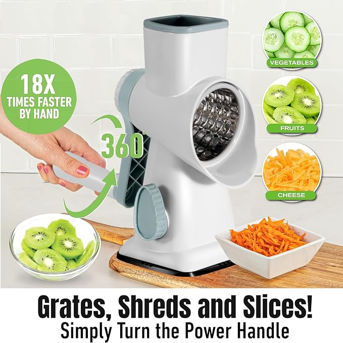 Cheese Grater Hand Crank Rotary Vegetables Shredder with Handle | 3-in-1 Graters, Interchangeable Blades, Non-slip Base, Multifunctional Slicer