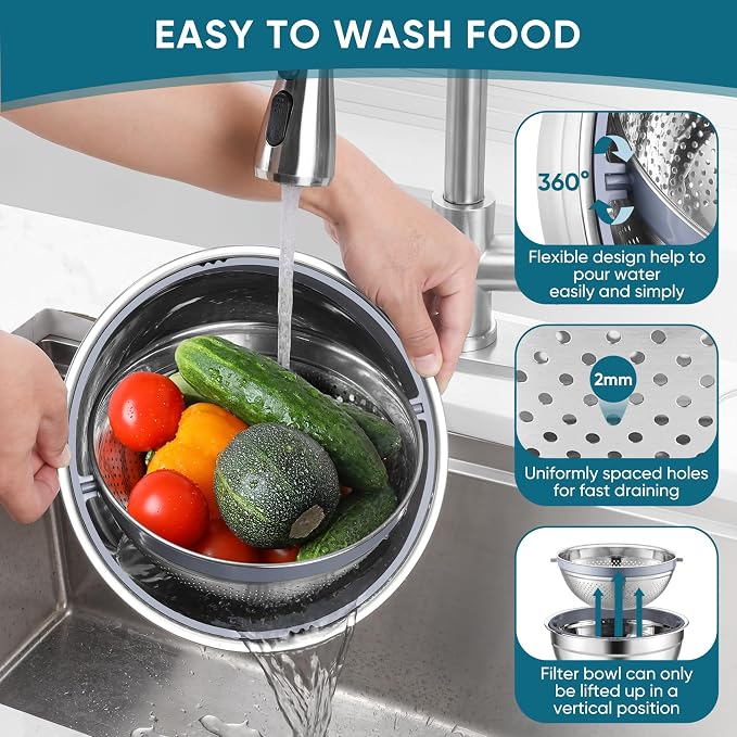 P&P CHEF Mixing Bowls with Lids Set of 3, Stainless Steel Mixing Bowl and Colander for Kitchen, 3 Grater Attachments & Non-Slip Bottoms, Visible & Airtight Lid, Blue
