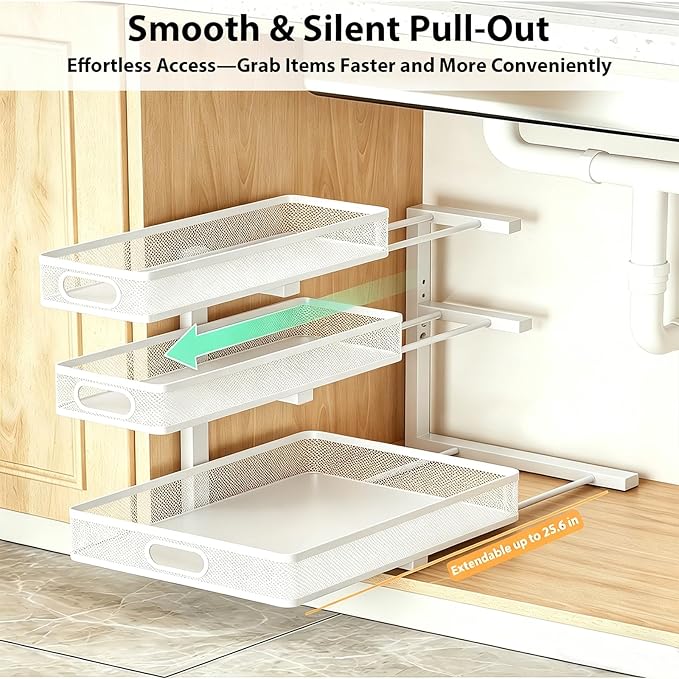 2 Pack Under Sink Organizer, 3-Tier Pull Out Kitchen Cabinet Organizer | 5 Adjustable Heights, Metal Slide Out Bathroom Storage, Makeup Drawer Rack for Bedroom Office Pantry Home Organization, White