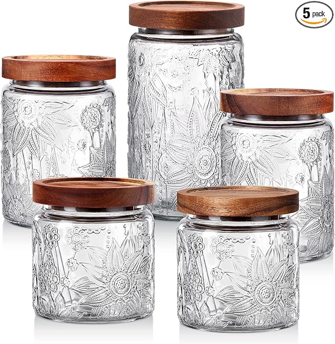 5 Pcs Sunflower Vintage Glass Jars with Bamboo Airtight Lid 17/24/34 oz Glass Food Containers Storage for Kitchen Counter Pantry Sugar Flour Coffee Tea Candy Oats Cereal(Round)