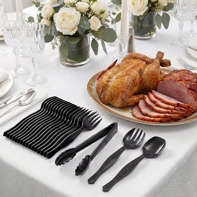36 Pcs Disposable Serving Utensils Set - 9 Inch Black Tongs, Forks, Spoons for Restaurants, Catering, Party Supplies, Buffet, Wedding, Picnic