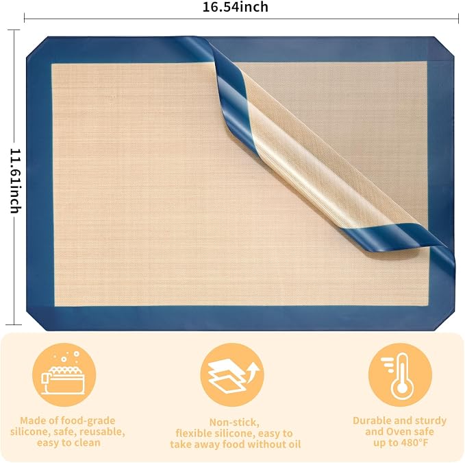 Luckyiren 2 Pack Silicone Oven Liners for Baking, Half Sheet, Blue/Beige | Two 16.54 x 11.62 in blue silicone oven liners for baking fit half sheet pans; reusable nonstick mats for bread and cookies.