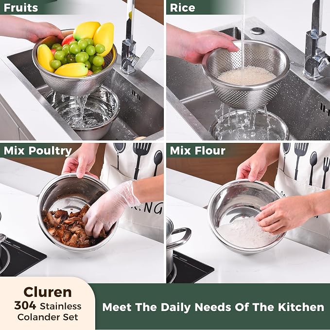 Colander and Bowl Set 1.8QT (2-in-1) - Thickened 304 Stainless Steel Kitchen Strainer Bowl for Fruit, Pasta, Vegetables, Rice - Heavy Duty, Induction Cooker & Dishwasher Safe