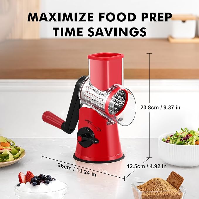 GDL Cheese Grater Hand Crank - Upgraded 6-in-1 Cheese Grater with Handle and Strong Suction Base, Multi-purpose Cheese Shredder Vegetable Slicer Ice Shaver for Potato, Vegetables, Nuts, Chocolate