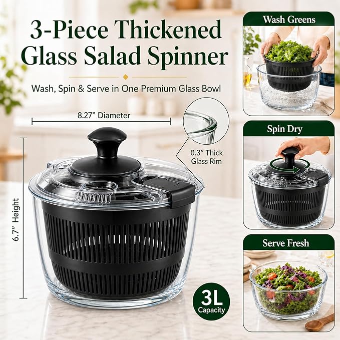 Glass Salad Spinner 3.2 Qt, Small Salad Spinner with Glass Bowl Removable Lid for Easy Cleaning Dishwasher Safe Glass Bowl Vegetable and Fruit Washer Dryer with Drain Spout Crank Handle Black