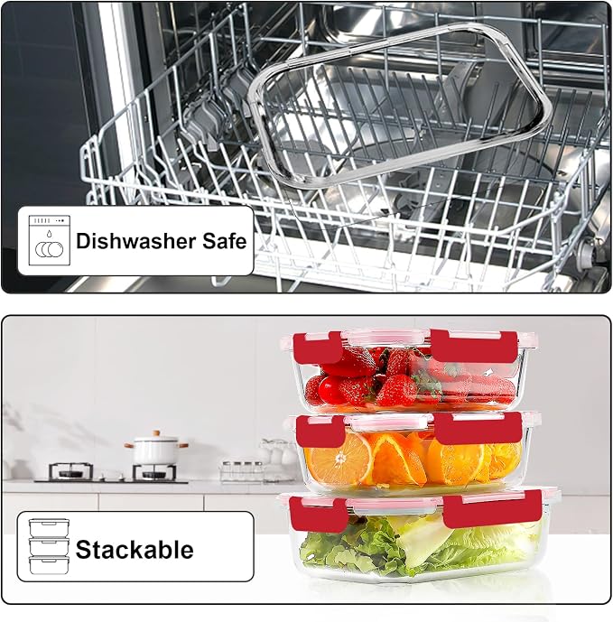 VERONES 10 PACK 22 OZ Glass Meal Prep Containers Set with Lids, Red | Airtight Glass Lunch Containers Set, Glass Food Storage Containers, for Microwave, Oven, Freezer & Dishwasher Friendly