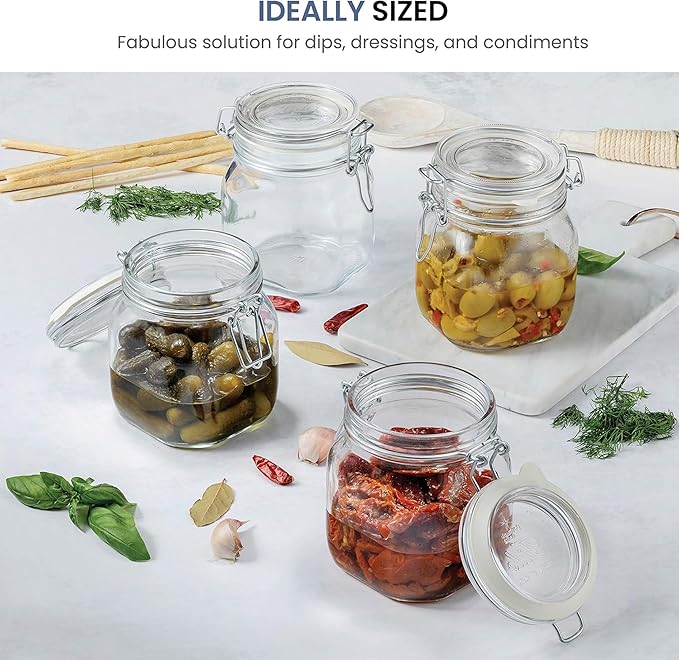 Bormioli Rocco Fido Glass Jar - 25.25 oz Airtight Storage Container with Clamp Lid & Rubber Seal, BPA-Free Dishwasher Safe - Italian Jar for Gifting Homemade Preserves, Cookies, Candy & Pantry Storage