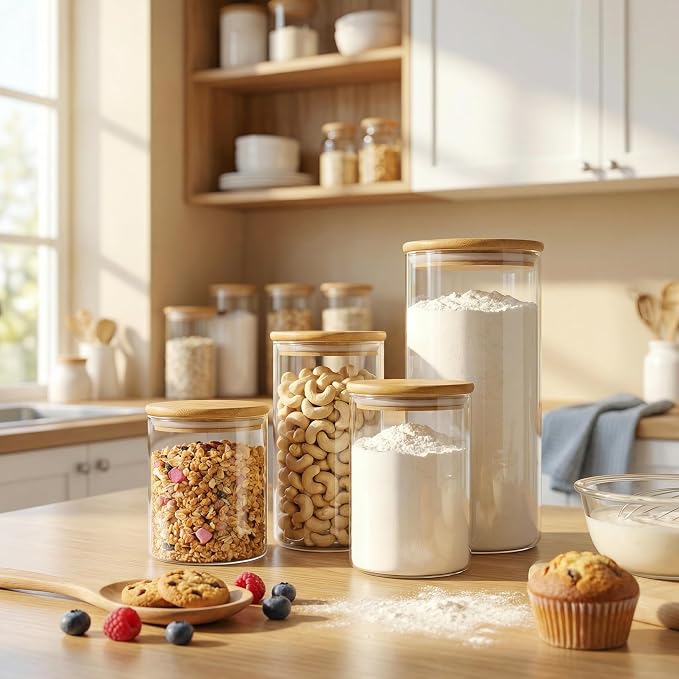 HomArtist Large Glass Flour and Sugar Containers 180oz x2 [Set of 2], Glass Food Storage Containers with Bamboo Lids, Glass Jar with Airtight Lids for Spaghetti Pasta,Rice,Cereal,Candy,Coffee, Oat | 180 oz Airtight Jars for Pantry & Kitchen, Durable Bo...
