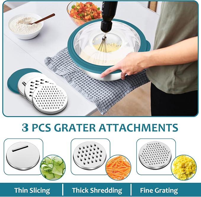 E-far Colander with Mixing Bowl Set, 4-1 Stainless Steel Colander Strainers Bowl with Graters for Kitchen, Rotatable Food Strainer Bowl for Rinsing Fruits Vegetables/Draining Pasta - Blue