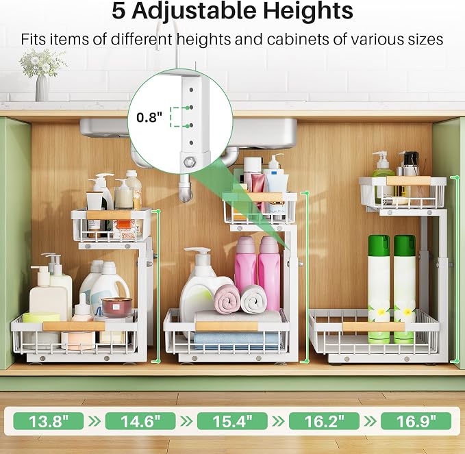 Kitstorack Under Sink Organizer, 2 Tier Under the Sink Storage, Slide out Pull out Cabinet Organizer Shelf, Metal Sliding Drawer for Kitchen Bathroom Pantry Closet Organization Rack, White, 1 Pack