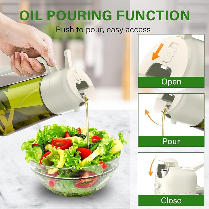 Vakoo Oil Sprayer for Cooking, 2 in 1 Oil Dispenser for Kitchen, 16oz/470ml Light-Blocking Dark Glass Olive Oil Spray Bottle, Air Fryer, Salad & BBQ (White&Green)