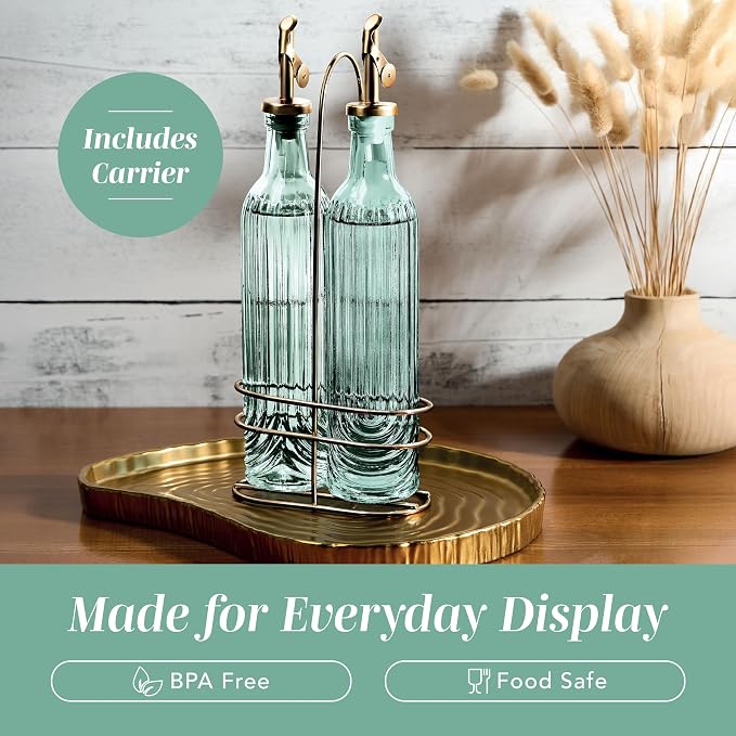 COOK WITH COLOR Glass Olive Oil Bottle Dispenser - 2 Pack- 17oz Oil and Vinegar Cruet - Olive Oil Carafe Decanter for Kitchen, Elegant Fluted, Green