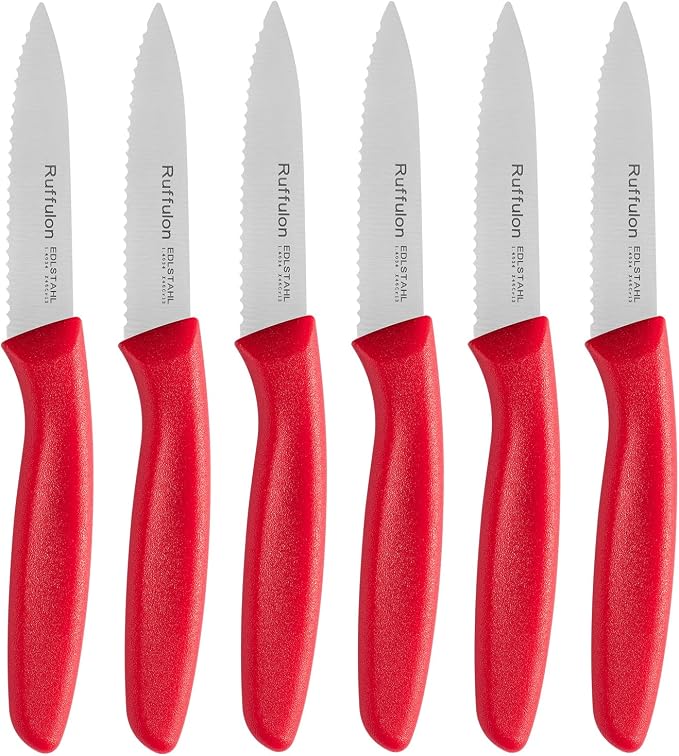 Stainless Steel Paring Knife With Serrated Blade, 6 Pieces Set Vegetable and Fruit Knife, Ultra Sharp Small Kitchen Knife, Red Paring Knives with PP Plastic Ergonomic Handle.