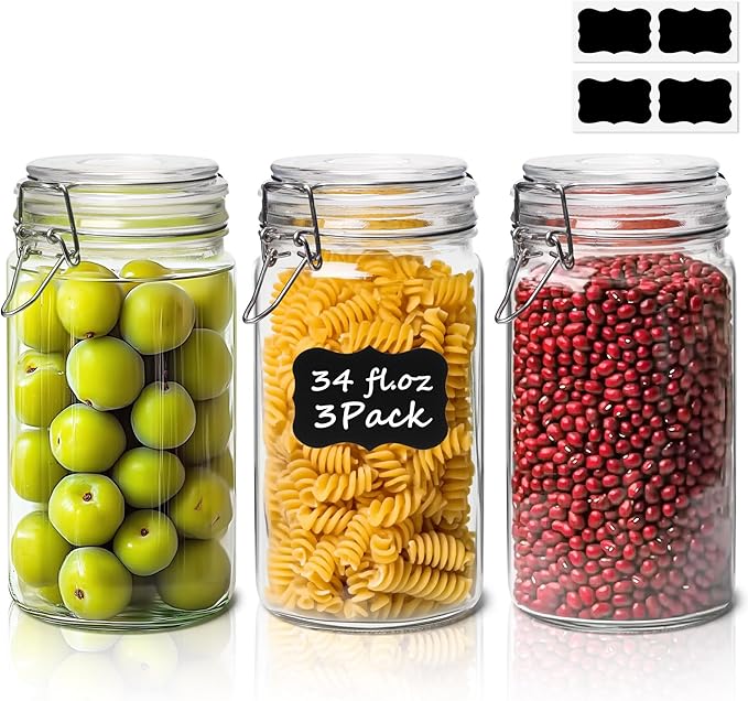 ComSaf Glass Pantry Jars with Airtight Lids 34 oz 3 Pack Coffee Canisters | Flour sugar rice, Sourdough pickling, Pantry organization, Pickling fermenting, Sourdough starter, Cabinet organization