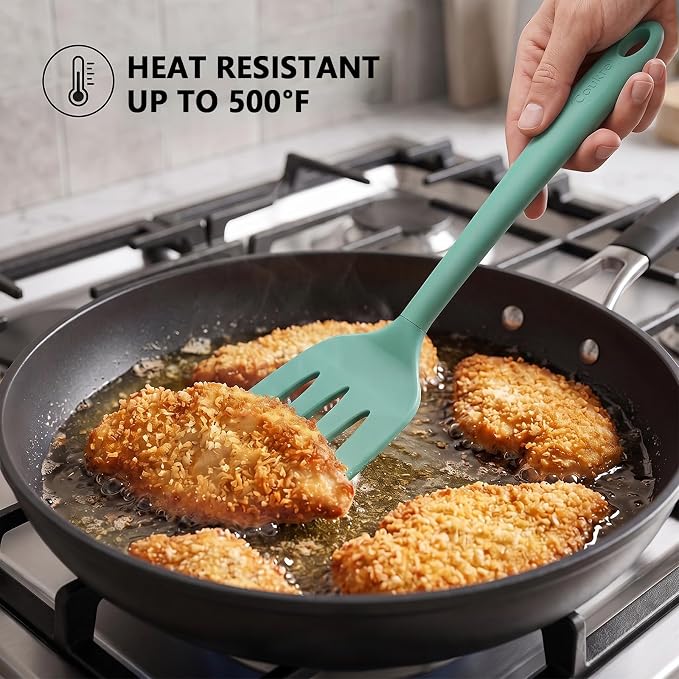 Coukre 3 Pack Silicone Spatula Set, High Heat Resistant, BPA-Free, Fish Spatula, Solid & Slotted Turner for Non-Stick Pans, Flipping Eggs, Pancakes, Fish, Burgers (3, PureAquaGreen)