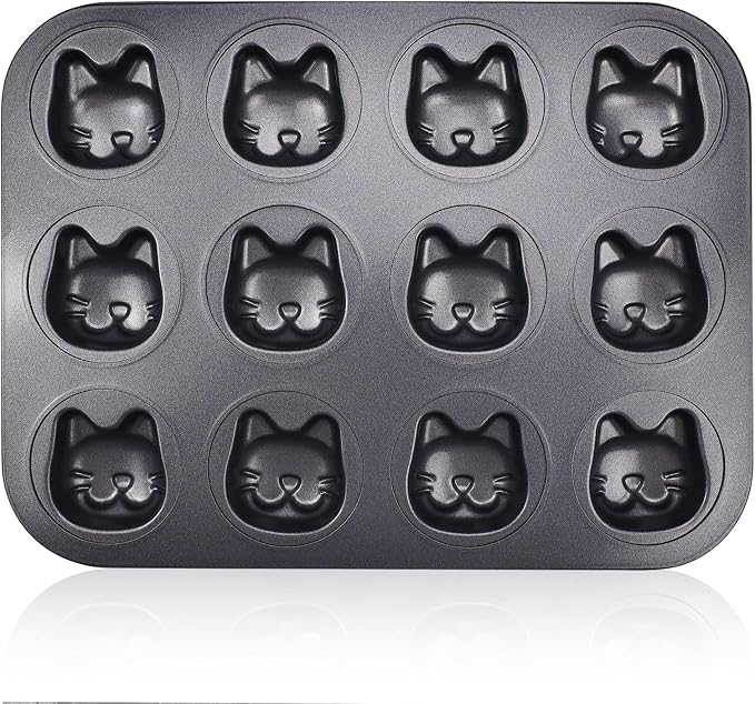 Mini Cat Shaped Muffin Pans, 12 Cavity Non-Stick Madeleine Mold Cake Pan, Mini Muffin for Edible Cat Cake Topper Decoration Shower Birthday Party Decorations