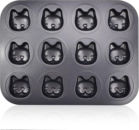 Mini Cat Shaped Muffin Pans, 12 Cavity Non-Stick Madeleine Mold Cake Pan, Mini Muffin for Edible Cat Cake Topper Decoration Shower Birthday Party Decorations