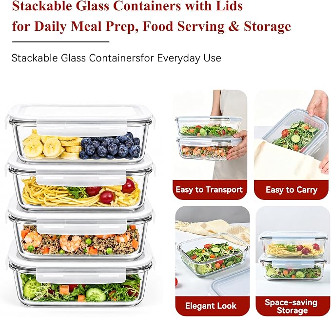 GEHE 4 Pack 52oz Glass Food Storage Containers with Lids, Large Glass Storage Containers with Airtight Lids, Meal Prep Container for Storing & Serving, Leak Proof, BPA Free, Microwave/Oven Safe
