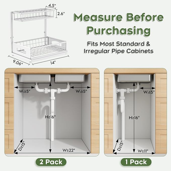 Under Sink Organizer, 2-Pack L-Shaped Metal Pull-Out Drawers for Kitchen | Cabinet Organizer Height Adjustable Heavy Duty Metal 2-Tier Storage Fits Beside Common Pipes for Bathroom Pantry
