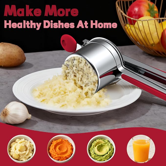 Large 15oz Potato Ricer for Mashed Potatoes, Heavy Duty 18/8 Stainless Steel Potato Masher for Baby Food & Spaetzle Maker, Masher and Ricer Kitchen Tool, Press and Mash Kitchen Gadget, Red