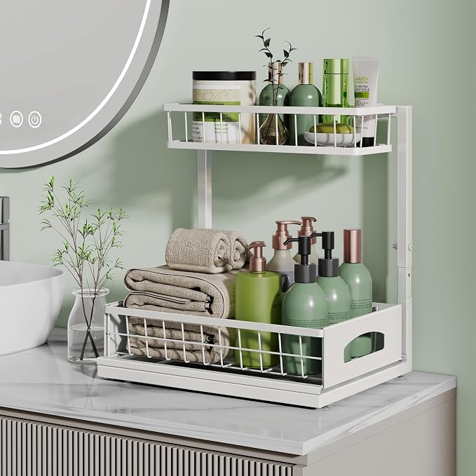 Under Sink Organizer, 2-Pack L-Shaped Metal Pull-Out Drawers for Kitchen | Cabinet Organizer Height Adjustable Heavy Duty Metal 2-Tier Storage Fits Beside Common Pipes for Bathroom Pantry