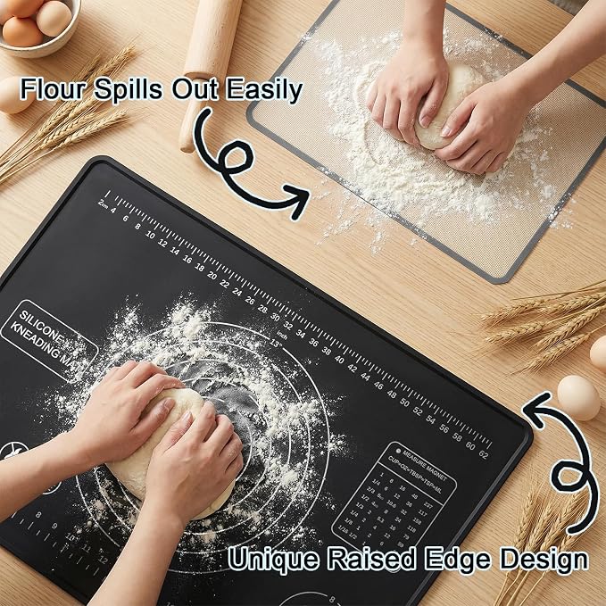 Silicone Pastry Mat 28" x 20" Extra Thick Silicone Baking Mat with Measurements and Edge Heightening Non-stick Food Grade Dough Rolling Mat Kneading Sheet for Pastry, Bread, Cookies (Black)